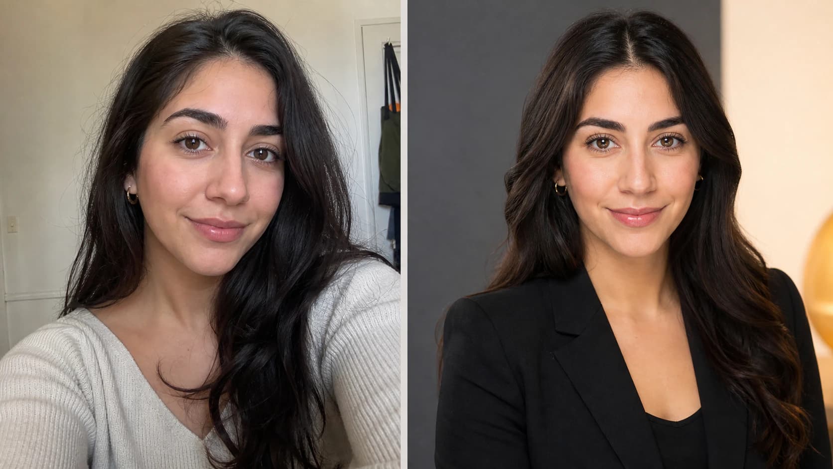 Antes y después — una selfie simple transformada en una foto de perfil profesional con calidad de estudio