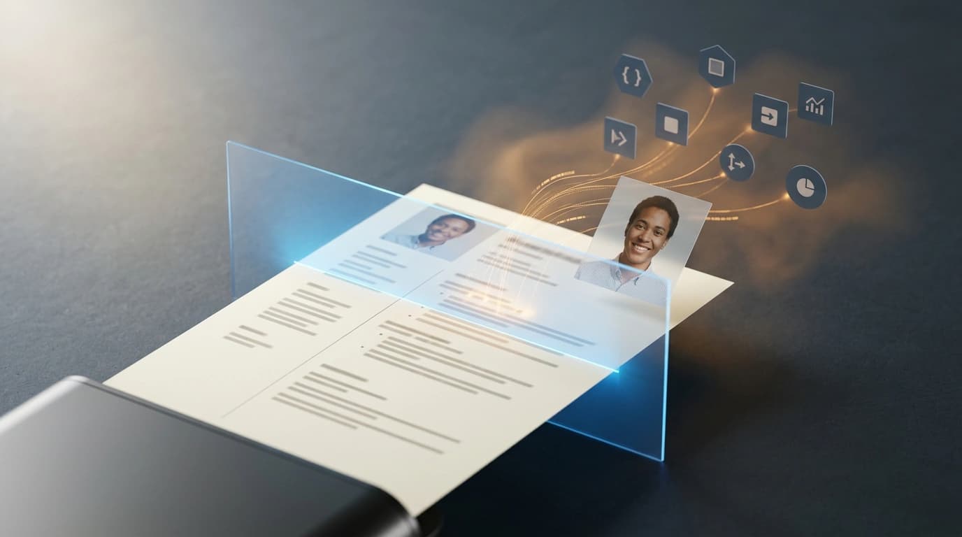 Ilustración conceptual de un ATS escaneando un currículum y separando la foto del texto
