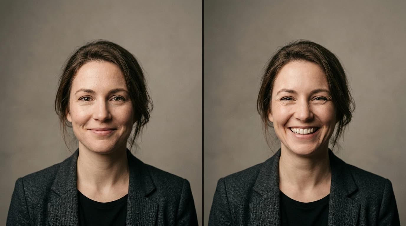 Retrato dividido de la misma persona comparando una sonrisa leve con la boca cerrada y una sonrisa amplia bajo la misma luz de estudio