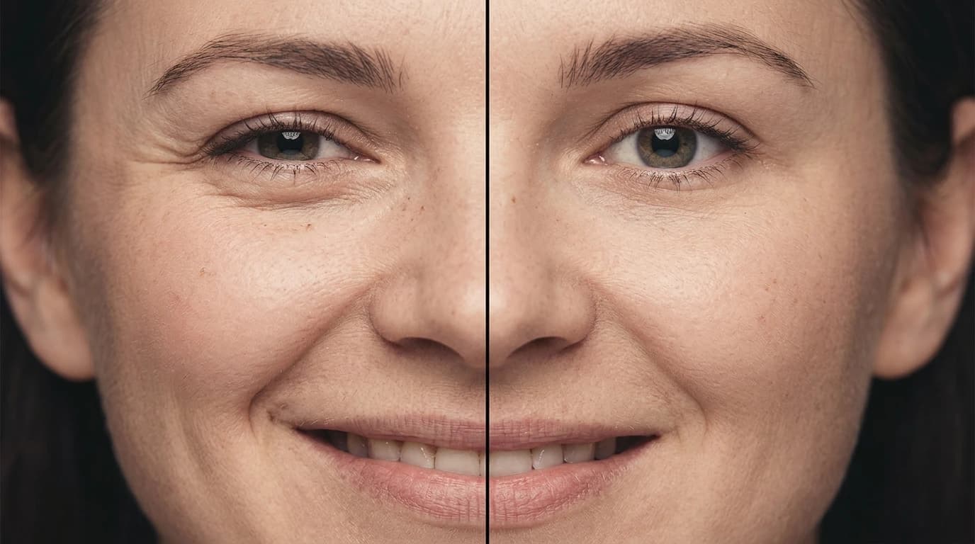 Comparación de primer plano entre una sonrisa genuina, con mejillas elevadas y ojos entrecerrados, y una sonrisa posada con la parte superior del rostro estática