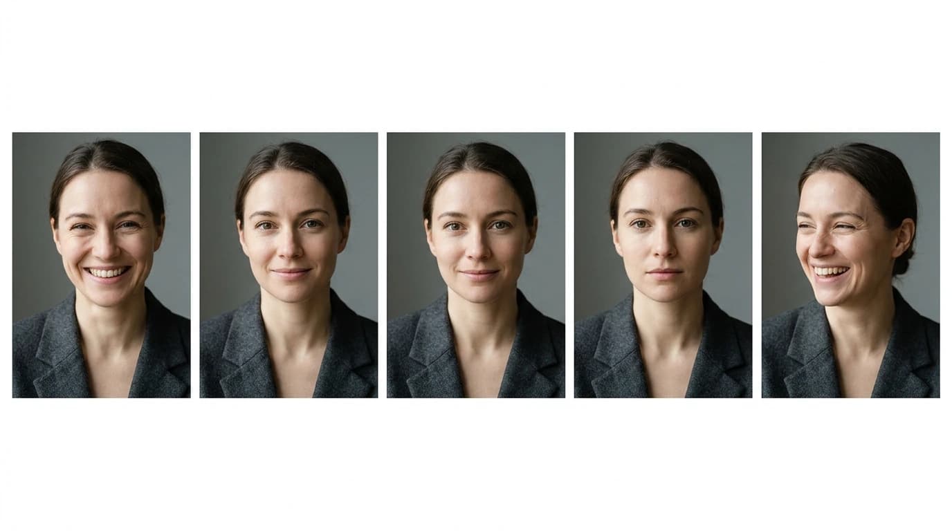 Cuadrícula con cinco expresiones de headshot en la misma persona: sonrisa amplia, sonrisa leve con la boca cerrada, microsonrisa, neutro compuesto y risa espontánea
