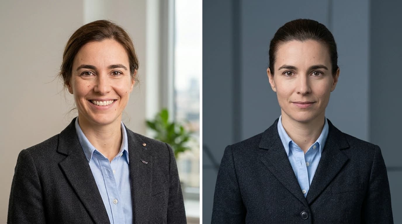 Dos retratos de candidatura de la misma persona, uno con una sonrisa amplia y otro con una expresión reservada de boca cerrada