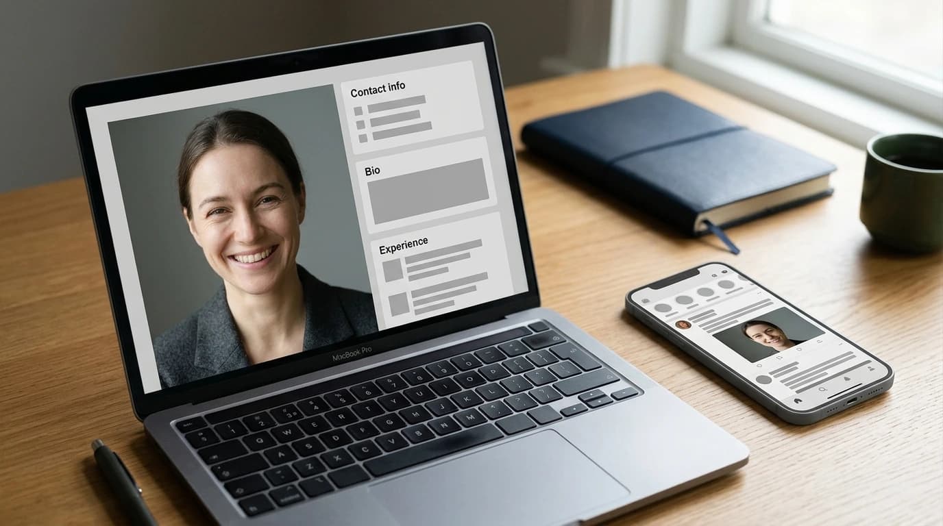 Un headshot a tamaño completo en la página de perfil de un portátil y de nuevo como avatar pequeño en la pantalla de un móvil, para mostrar cómo se leen las expresiones a escala de miniatura