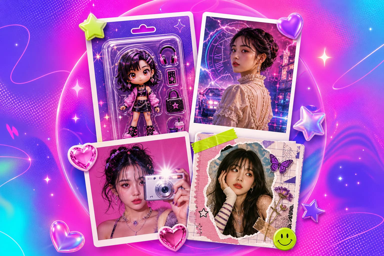 Collage pop neón de tendencias virales de foto AI de 2026: Chibi action figure, retrato de viaje cinematográfico, look de cámara Y2K y página scrapbook sobre degradado eléctrico
