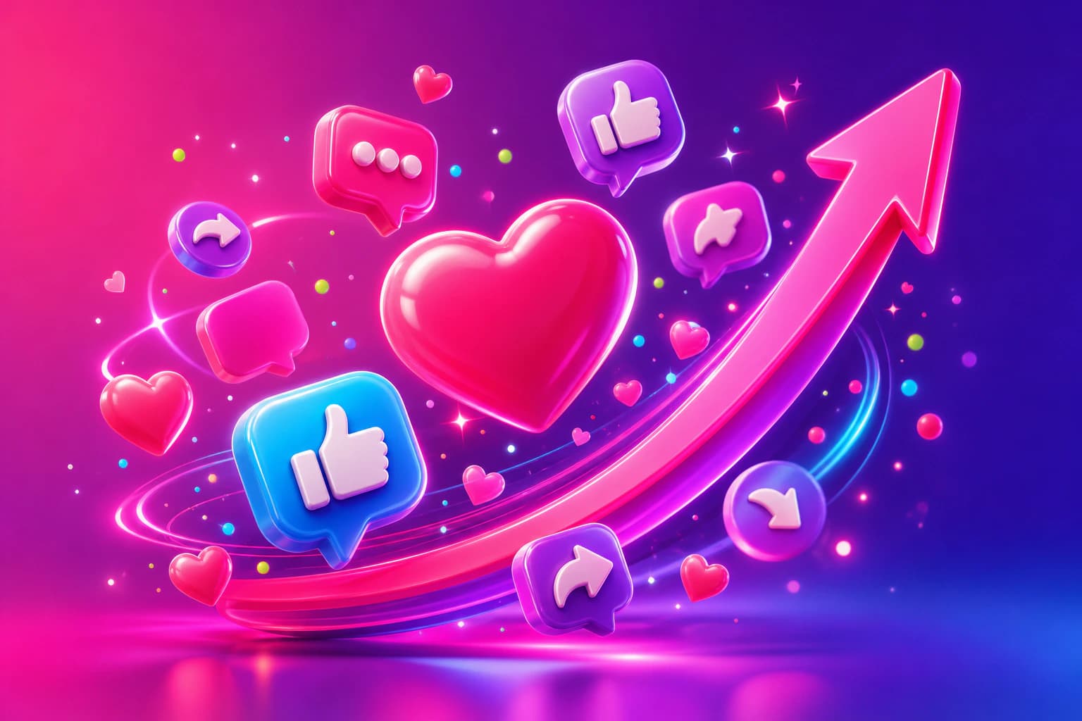 Visual divertido de popularidad social con iconos de interacción y una flecha de tendencia ascendente