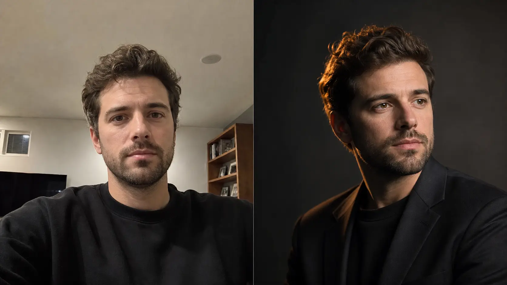 Antes y después: una selfie común de móvil transformada en un headshot profesional con IA